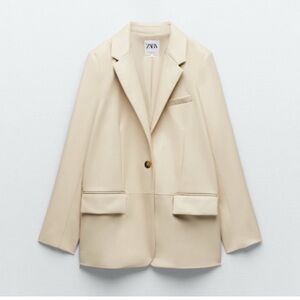 ZARA Faux Leather Blazer Cream Straight Oversized. Size XS